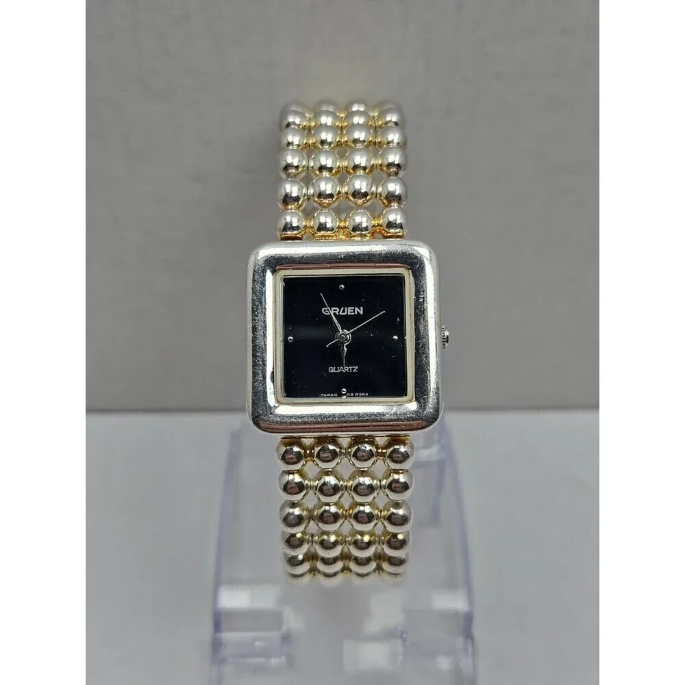 Gruen Womens Square Black Dial Quartz Watch Silver Bead Bracelet New Battery